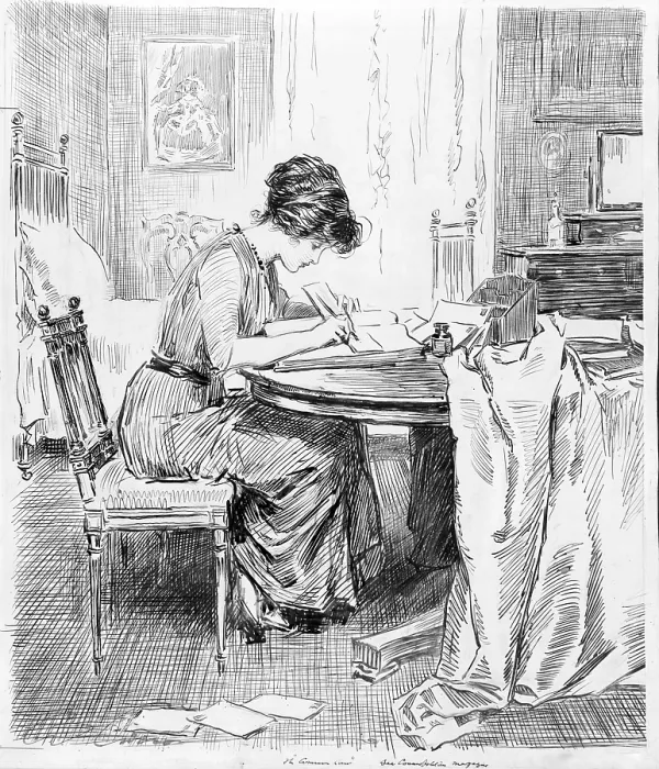 Framed Print : 1911 drawing by Charles Dana Gibson (1867-1944), shows a Gibson Girl writing at a table in a spacious bedroom