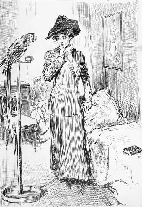 Framed Print : 1911 drawing by Charles Dana Gibson (1867-1944), illustrates a scene of a Gibson Girl and a parrot