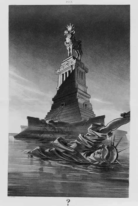 Framed Print : 1912 cartoon attacking business greed shows the ruined Statue of Liberty floating in New York Bay Framed Print : 1912 cartoon attacking business greed shows the ruined Statue of Liberty floating in New York Bay