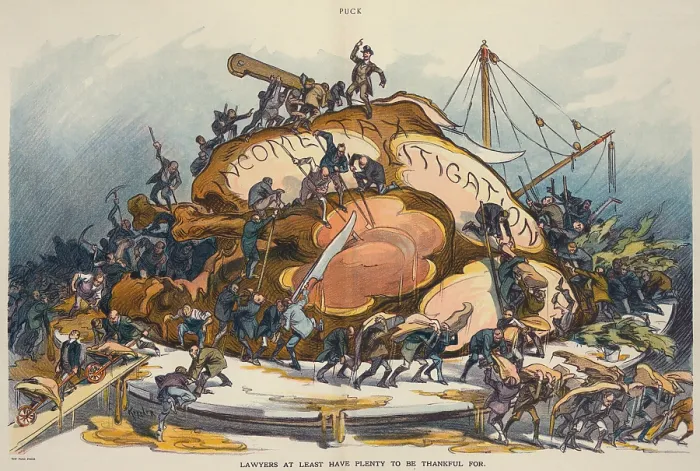 Framed Print : 1913 Cartoon about the Federal Income Tax captioned Lawyers at least have plenty to be thankful for. The illustration shows lawyers carving a large turkey labeled