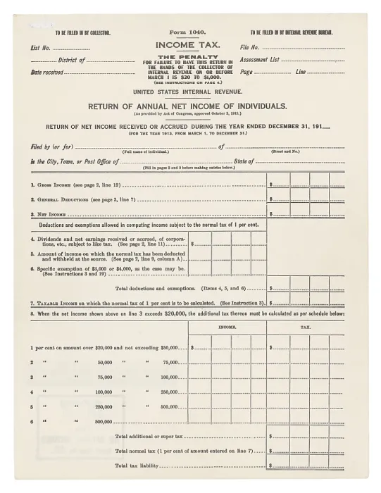 Framed Print : 1913 Federal Income Tax 1040 form Framed Print : 1913 Federal Income Tax 1040 form