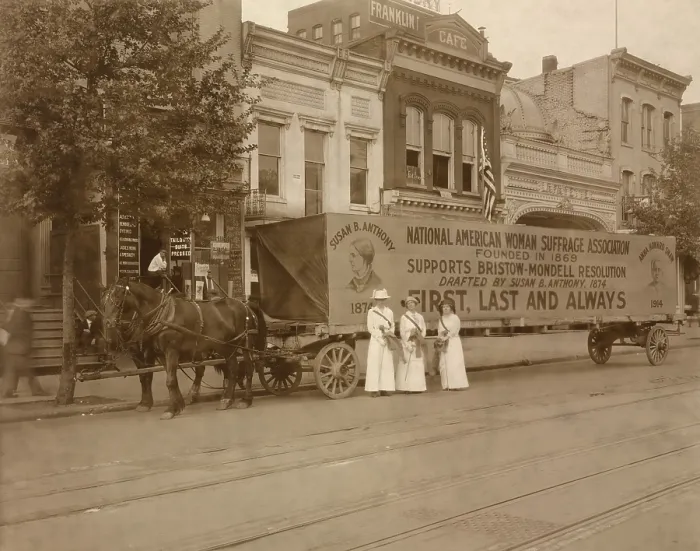 Framed Print : In 1914 a horse drawn float declares National American Woman Suffrage Association's support for Bristow-Mondell Resolution drafted by Susan B. Anthony, 1874