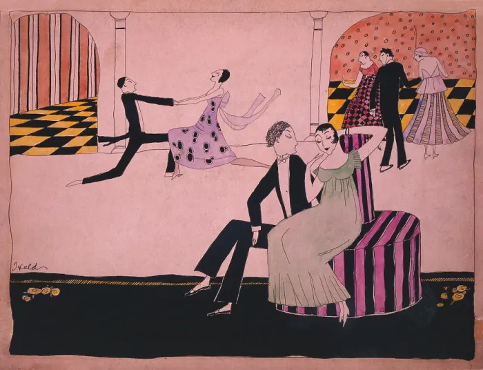 Framed Print : 1915 John Held cartoon of dancers in evening attire. The couple on a circular bench is in conversation