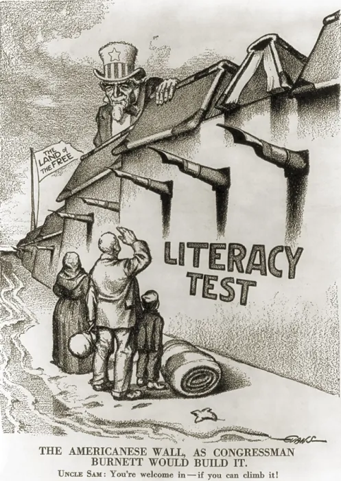 Framed Print : 1916 political cartoon entitled THE AMERICANESE WALL - AS CONGRESSMAN BURNETT WOULD BUILD IT