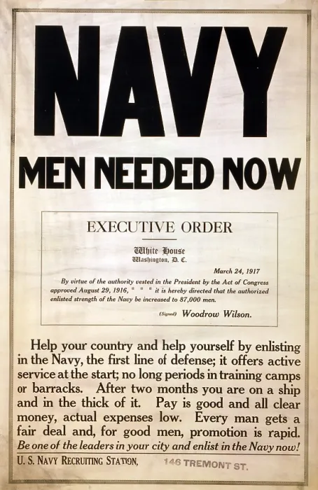 Framed Print : 1917 recruitment poster for the US Navy. After Wilson's April 1917 entry into WWI, four million men were drafted into the military