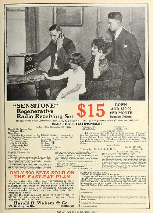 Framed Print : 1922 advertisement in the magazine, RADIO AGE, for a Sensatone Regenerative Radio Receiving Set