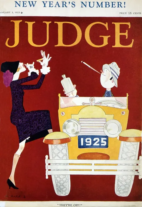 Framed Print : 1925 New Year's cover of JUDGE magazine epitomizes the Roaring Twenties. Men and women travel in cars without chaperones, while they smoke, drink, and wear gaudy makeup