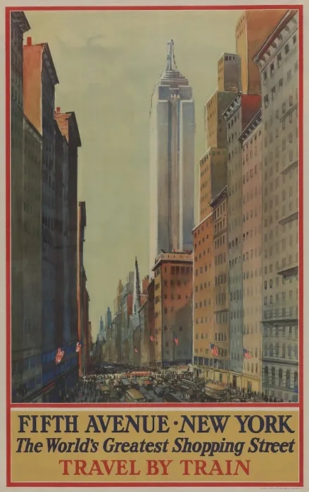 Framed Print : 1930s poster shows bird's-eye view of street and skyscrapers on Fifth Avenue, including Empire State Building Framed Print : 1930s poster shows bird's-eye view of street and skyscrapers on Fifth Avenue, including Empire State Building