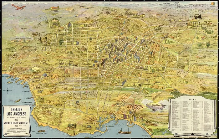 Framed Print : 1932 aerial map of Greater Los Angeles, the wonder city of America