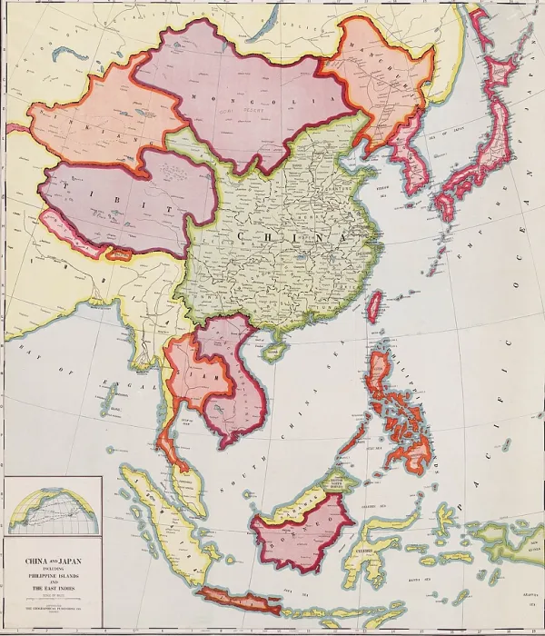 Framed Print : 1932 map of east Asia, showing nations that would become targets of Japanese expansion and invasion in the Sino-Japanese War and World War II