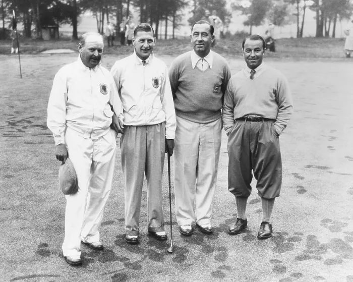 Framed Print : 1935 Ryder Cup Scotch foursome. L-R: Alf Perry and John Busson of the British team; and Walter Hagan and Gene Sarazen of the U.S. team. The U.S. team won the semi-annual classic