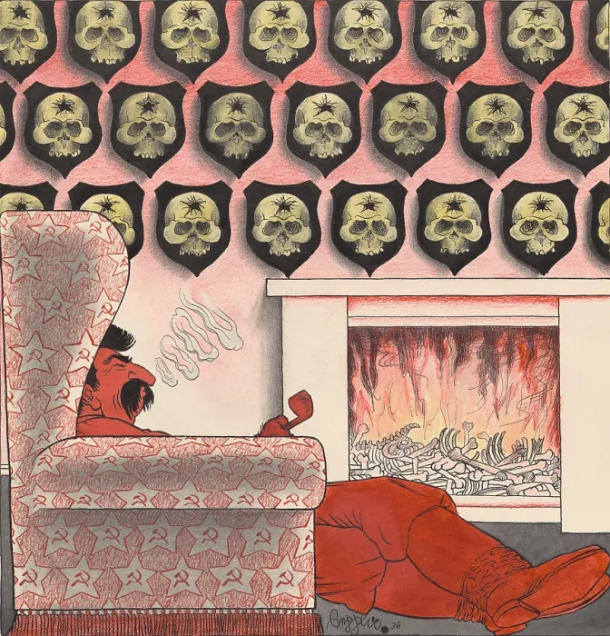 Framed Print : 1936 Cartoon on Joseph Stalin's party purges. Stalin sits in front of a fireplace filled with bones. Human skulls with a single hole in the forehead hang on the wall