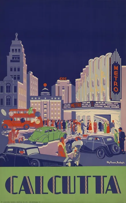 Framed Print : 1938 travel poster shows people gathered by the newly opened Metro Cinema in Calcutta. (BSLOC_2015_14_211) Framed Print : 1938 travel poster shows people gathered by the newly opened Metro Cinema in Calcutta. (BSLOC_2015_14_211)