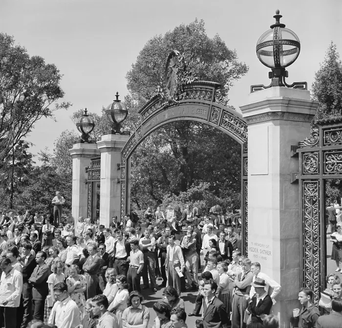 Framed Print : 1940 Peace Strike at Berkeley. University of California students gathers at Sather Gate. April 19 1940