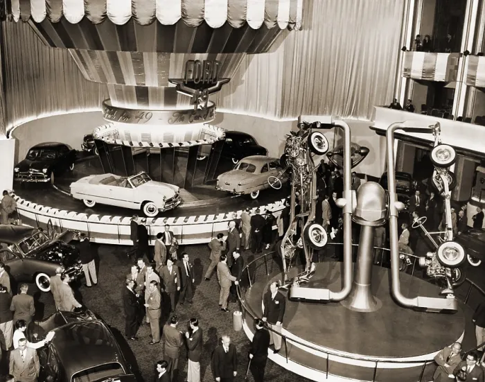 Framed Print : 1949 model Ford cars introduced to the press and public in grand ballroom of the Waldorf-Astoria Hotel, New York City