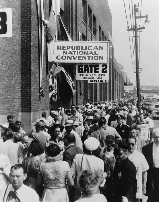 Framed Print : 1952 Republican Convention in Chicago. Crowds outside of Chicago's International Amphitheater, site of the 1952 Republican National Convention