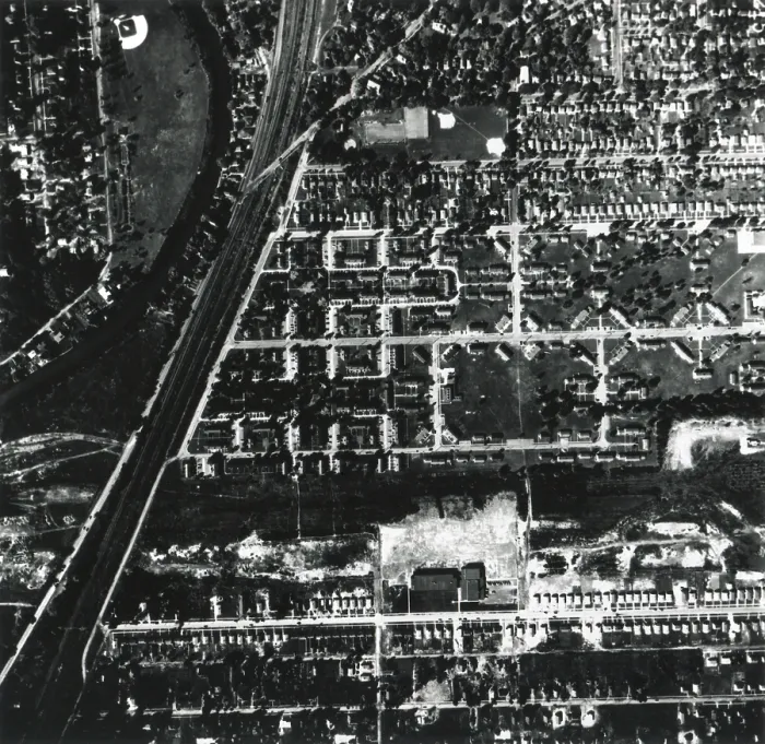 Framed Print : 1956 aerial photograph of Love Canal showing a school and houses built over and near a landfill