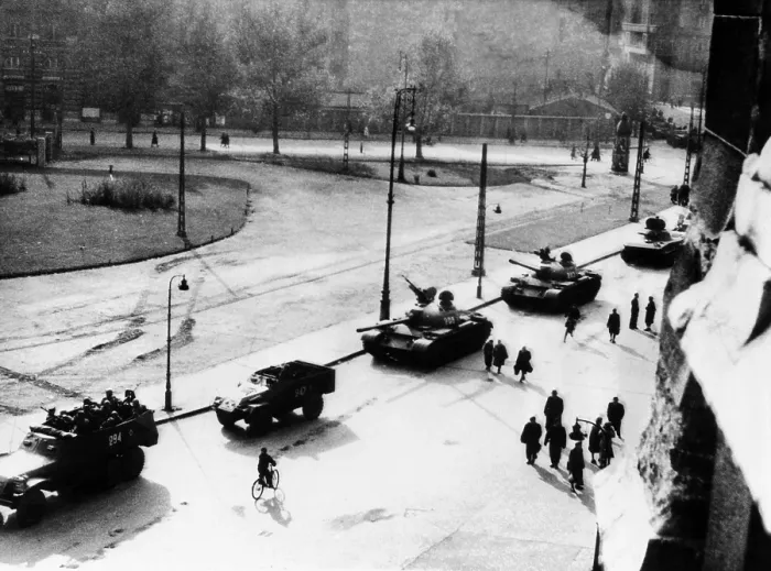Framed Print : The 1956 Hungarian Uprising. Soviet trucks and tanks withdraw from downtown Budapest on Nov. 1, 1956