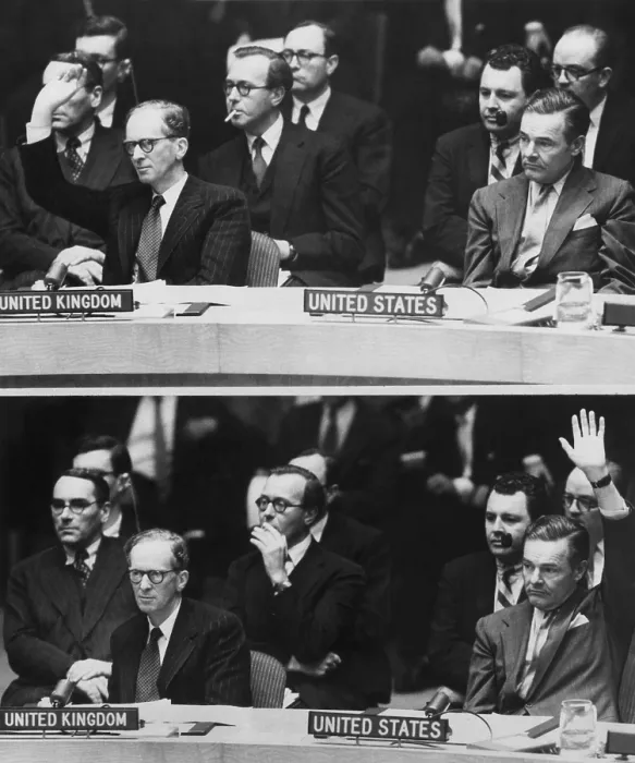 Framed Print : The 1956 Suez Crisis strains Anglo-American relations. TOP: Great Britain's Sir Pierson Dixon voting against a UN resolution that Israel withdraw its armed forces from Egypt