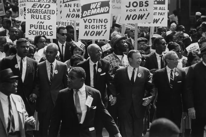 Framed Print : 1963 March on Washington. Civil Rights leaders at the front of the march: Whitney Young, Roy Wilkins, A. Philip Randolph, Walter Reuther, and Arnold Aronson. August 28, 1963