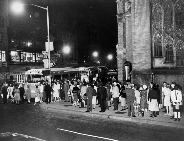 Framed Print : 1963 March on Washington. In the early morning, Marchers boarding buses for Washington, D.C. outside Broadway Congregational Church, New York City. Aug. 28, 1963 Framed Print : 1963 March on Washington. In the early morning, Marchers boarding buses for Washington, D.C. outside Broadway Congregational Church, New York City. Aug. 28, 1963