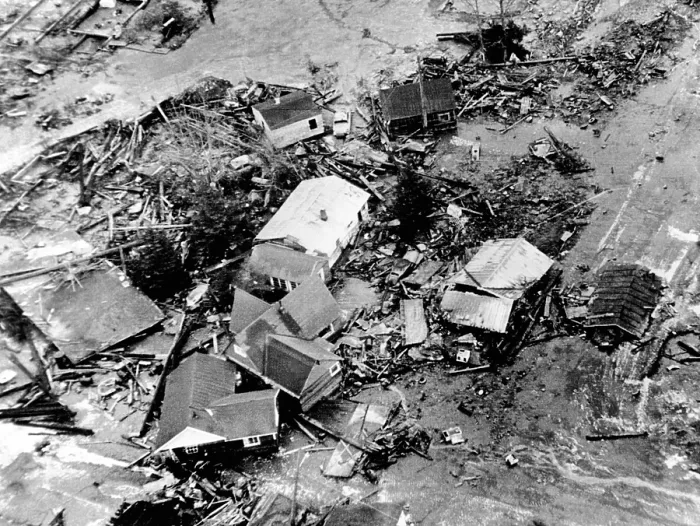 Framed Print : 1964 Alaska Earthquake. A 30 foot high tidal wave caused by the 9.2 earthquake destroyed low lying areas of coastal town of Seward, Alaska. March 27, 1964