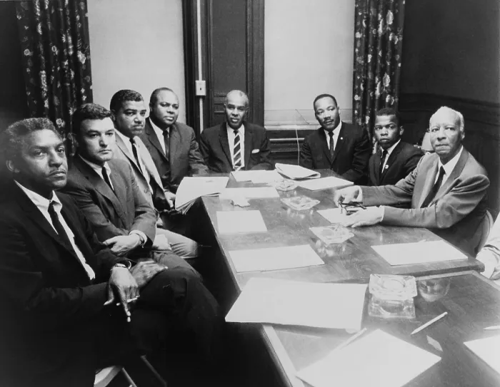 Framed Print : 1964 Civil Rights summit: (L to R) Bayard Rustin; Jack Greenberg, NAACP; Whitney Young, Jr. National Urban League; James Farmer, CORE; Roy Wilkins, NAACP; Martin Luther King
