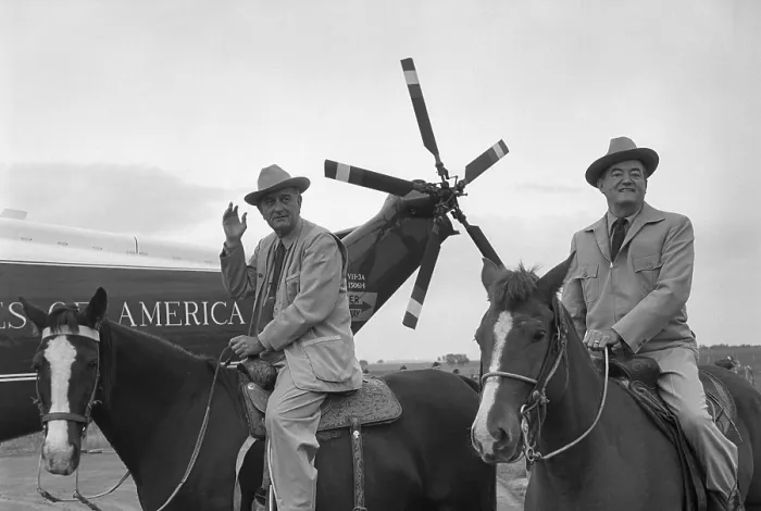 Framed Print : 1964 Presidential Election. President Johnson and Vice-President-Elect Hubert Humphrey on horseback the day after their election landslide winning 61% of the popular vote