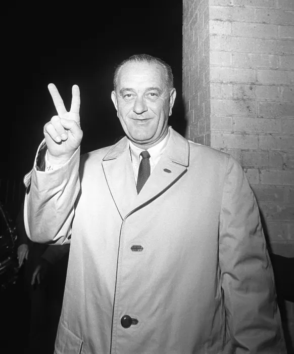 Framed Print : 1964 Presidential Election. Lyndon Johnson gives the victory sign at the Driskill Hotel, where he waited to hear the election results. Austin, Texas. Nov. 3, 1964 Framed Print : 1964 Presidential Election. Lyndon Johnson gives the victory sign at the Driskill Hotel, where he waited to hear the election results. Austin, Texas. Nov. 3, 1964