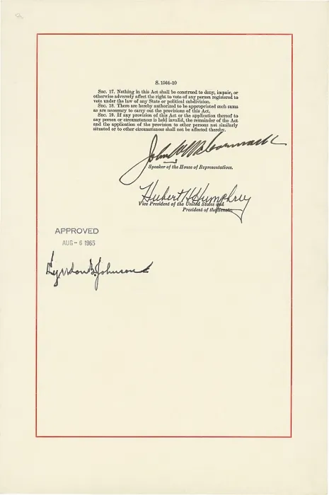 Framed Print : 1965 Voting Rights Act. Last page with signatures Speaker of the House, John McCormack; VP and President of the Senate, Hubert Humphrey; and President Lyndon Johnson. Aug. 6, 1965