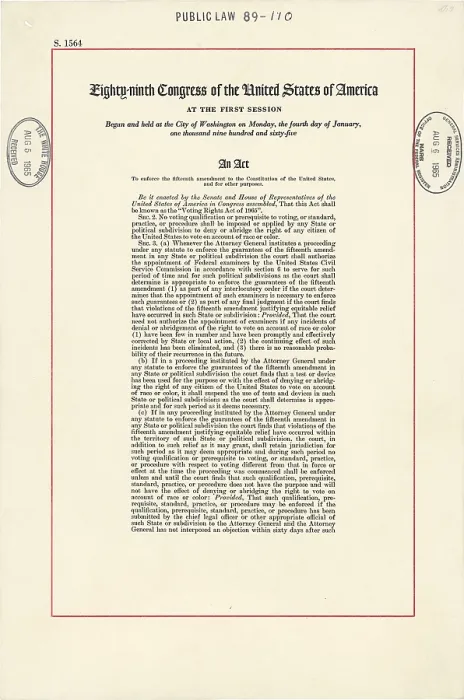 Framed Print : 1965 Voting Rights Act. The full title of the law was An act to enforce the fifteenth amendment to the Constitution of the United States, and for other purposes. Aug