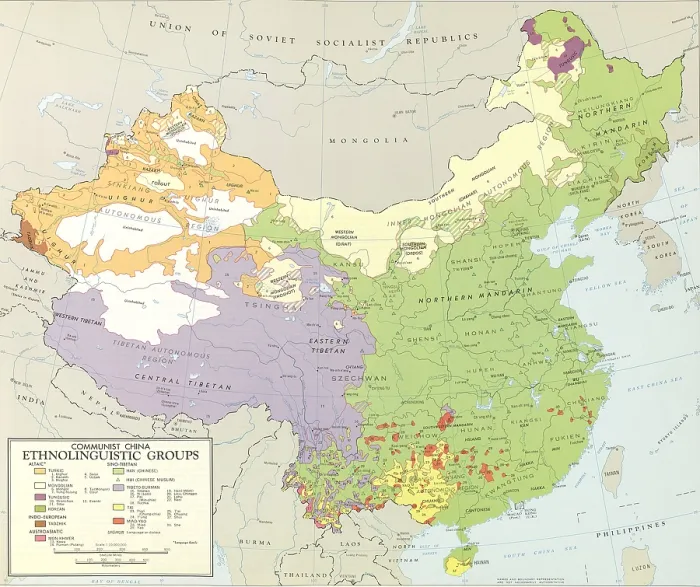 Framed Print : 1967 map of Chinas ethnolinguistic groups. Mandarin speakers dominate the East, where the great majority of the population lives