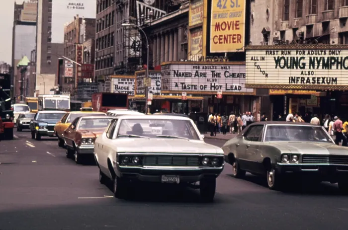 Framed Print : 1970s America. 42nd Street between 7th and 8th Avenues. Manhattan, New York City, ca. 1972