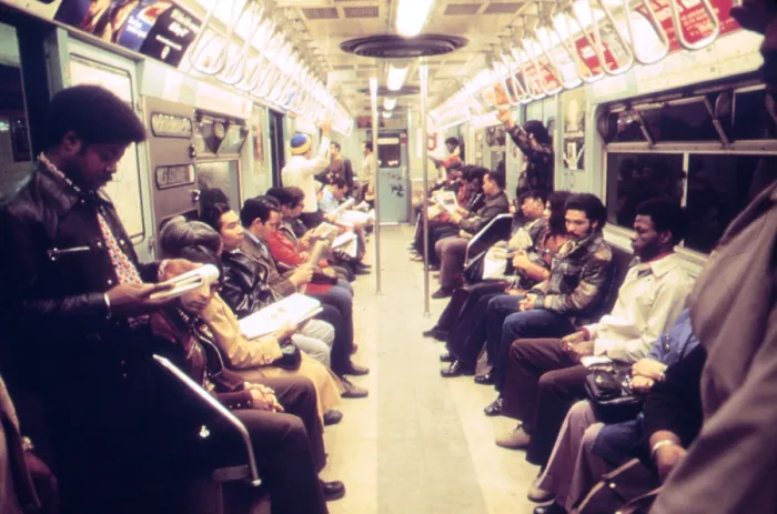 Framed Print : 1970s America. Passengers on a subway car, New York City, New York ca. 1972