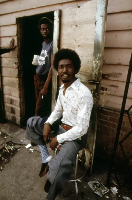 Framed Print : 1970s America. Two young men at the entrance to a pool hall on the West Side of Chicago, ca. 1973
