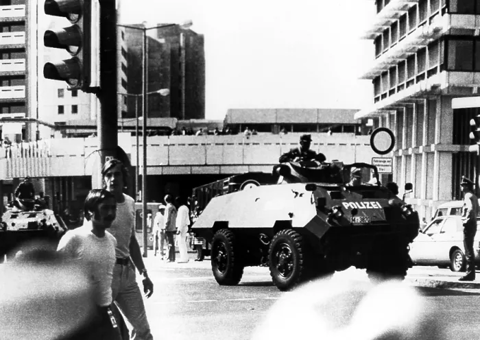 Framed Print : 1972 Olympics, West German Police patrol Olympic Village in armored vehicles, Munich, Germany, 09-05-1972.. Courtesy: CSU Archives / Everett Collection Framed Print : 1972 Olympics, West German Police patrol Olympic Village in armored vehicles, Munich, Germany, 09-05-1972.. Courtesy: CSU Archives / Everett Collection