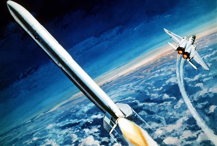 Framed Print : 1983 military artist's concept of an anti-satellite missile after being launched from an F-15 Eagle aircraft. (BSLOC_2011_12_345) Framed Print : 1983 military artist's concept of an anti-satellite missile after being launched from an F-15 Eagle aircraft. (BSLOC_2011_12_345)