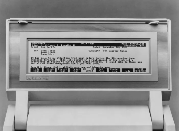 Framed Print : 1983 portable computer the Hewlett-Packard 110 Memomaker weighed 9 pounds