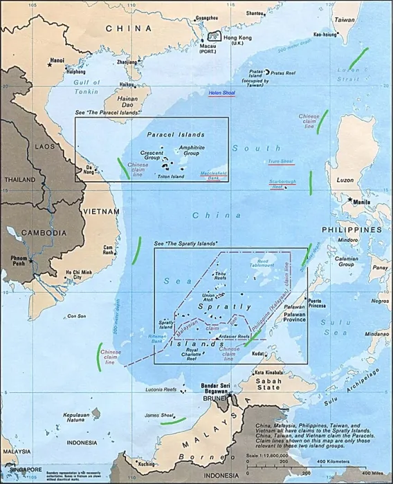 Framed Print : 1988 map of the Peoples Republic of Chinas nine-dash line encloses most of the South China Sea, which China claims as its territorial waters