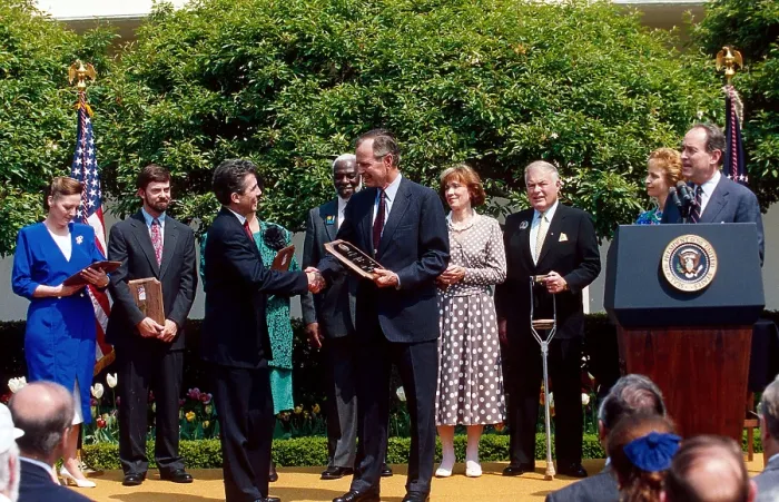 Framed Print : In a 1990 Rose Garden ceremony, President George H.W