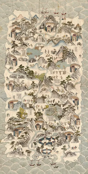 Framed Print : 19th century Chinese pictorial map of the island of Hainan and shows the customs and habits of the Li tribes in the central part of the island