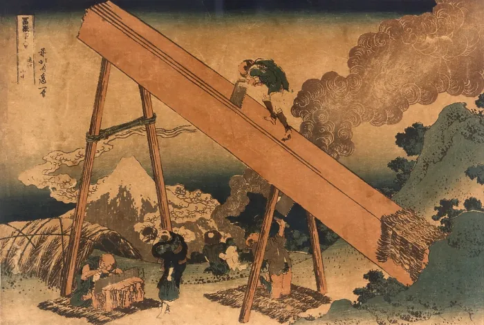 Framed Print : 19th century Japanese print shows two men sawing lumber from a large log. Another man is sharpening a saw while a woman with an infant on her back, watches Framed Print : 19th century Japanese print shows two men sawing lumber from a large log. Another man is sharpening a saw while a woman with an infant on her back, watches