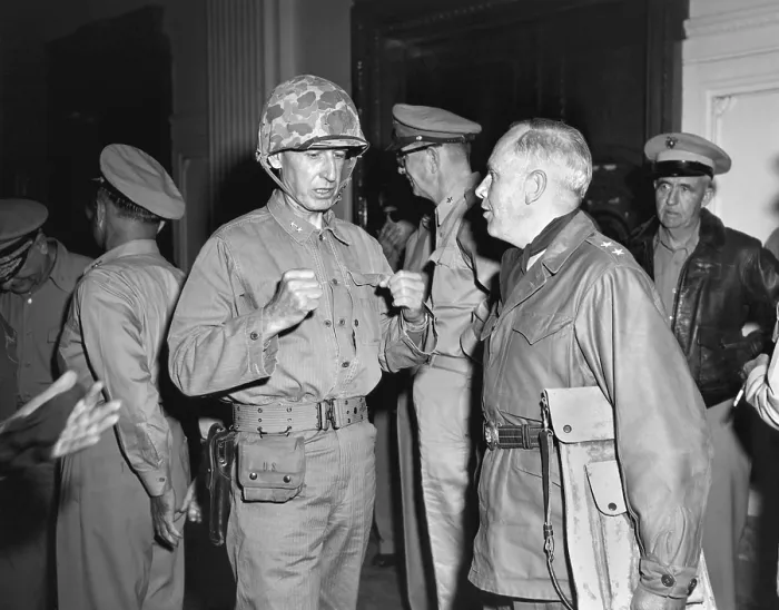 Framed Print : 1st Marine Div. Gen. Oliver Smith, talks with Maj Gen Edward M. Almond, Tenth Corps commander. Ca. Sept 22-30, 1950. Seoul, Korea. Korean War, 1950-53. (BSLOC_2014_11_62)