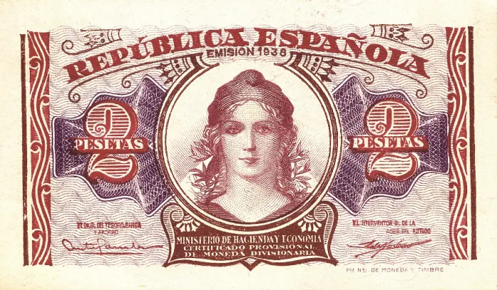 Framed Print : 2 pesetas bill (Spain, 1938). - M.C.Esteban / Iberfoto / Everett Collection (294753)**US SALES ONLY**