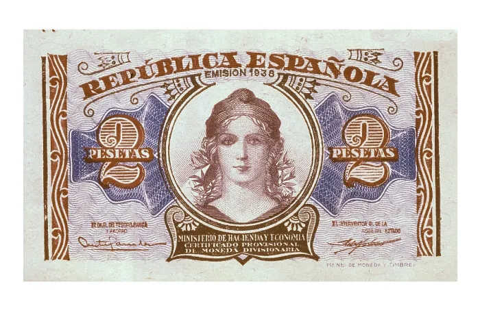 Framed Print : 2 pesetas bill of the Spanish Second Republic (1936). Coin. SPAIN. Barcelona. Numismatic Cabinet of Catalonia. AISA / Everett Collection**US SALES ONLY**