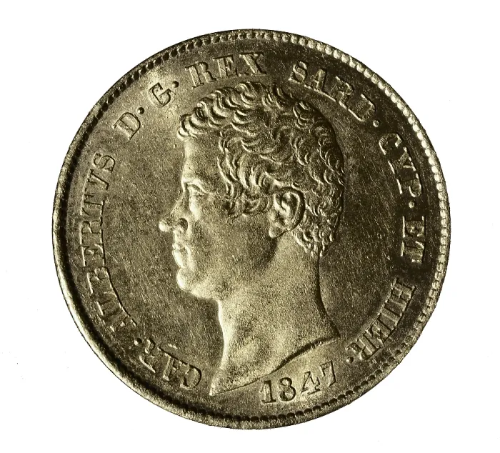 Framed Print : 20 liras coin with portrait of Charles Albert of Savoy minted in Turin (1847). Coin. AISA / Everett Collection**US SALES ONLY**