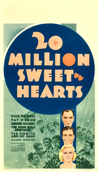 Framed Print : 20 MILLION SWEETHEARTS (aka TWENTY MILLION SWEETHEARTS), center from top: Pat O'Brien, Dick Powell, Ginger Rogers on midget window card, 1934