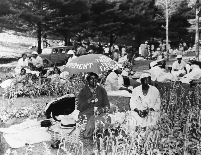 Framed Print : Some of the 2000 Father Divine followers at the Promised Land Olympic Games'. The scheduled games failed to come off, but everyone had a swell time eating. Kingston, N.Y