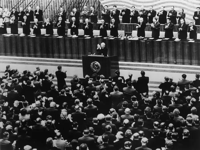 Framed Print : 22nd Communist Party Congress in Moscow, Oct. 17, 1961. Nikita Khrushchev leads the applause from rostrum at opening session