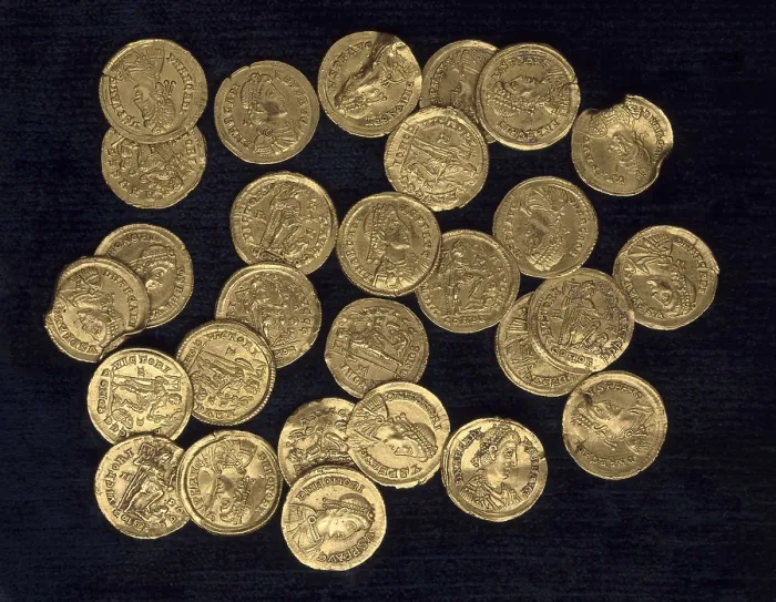 Framed Print : 28 coins of Honorius and Arcadius (4th-5th c.). Coin. SPAIN. Madrid. National Museum of Archaeology. Proc: SPAIN. CADIZ. AISA / Everett Collection**US SALES ONLY**